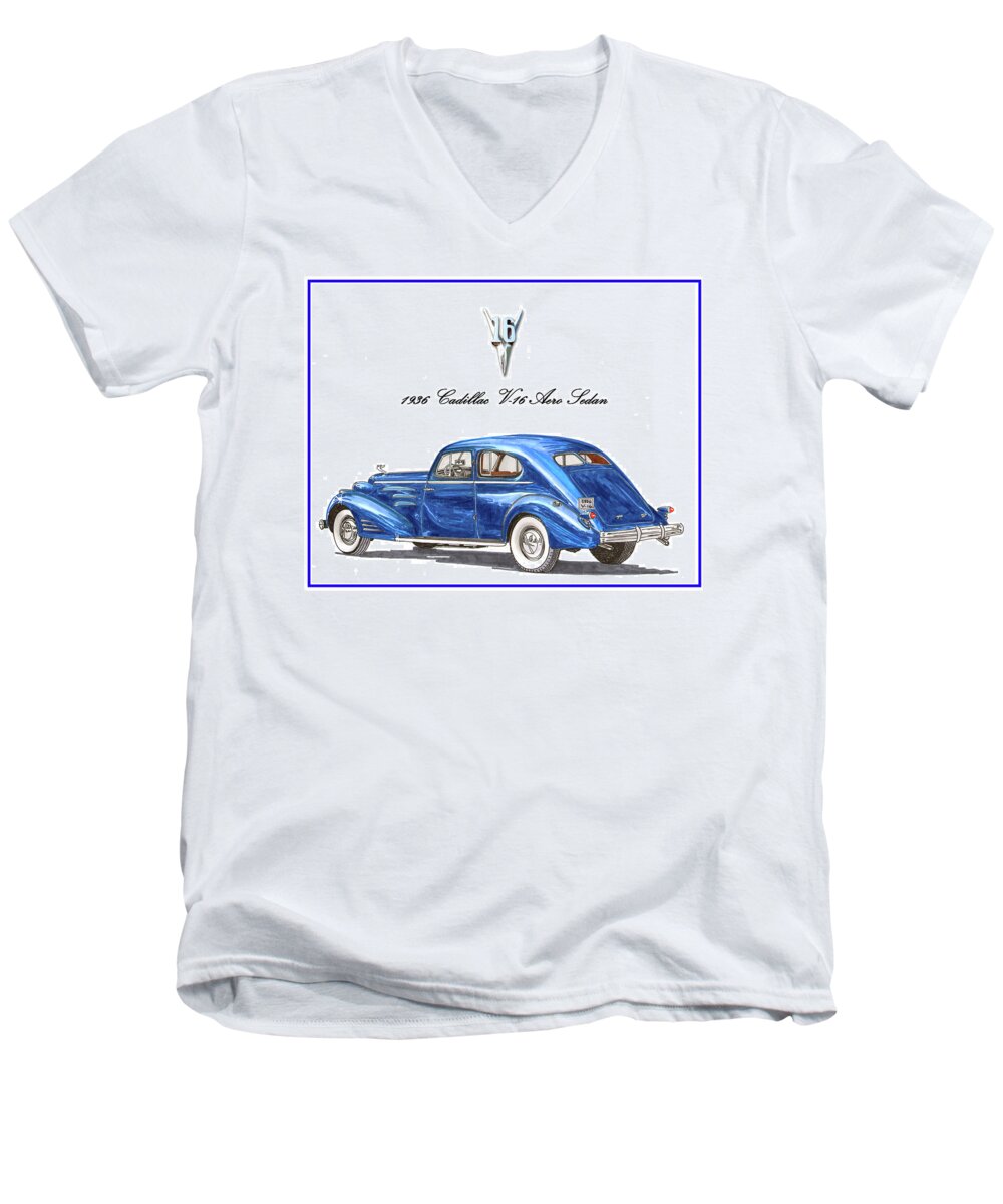 Vintage Luxury Automobiles Men's V-Neck T-Shirt featuring the painting 1936 Cadillac V-16 Aero Coupe by Jack Pumphrey