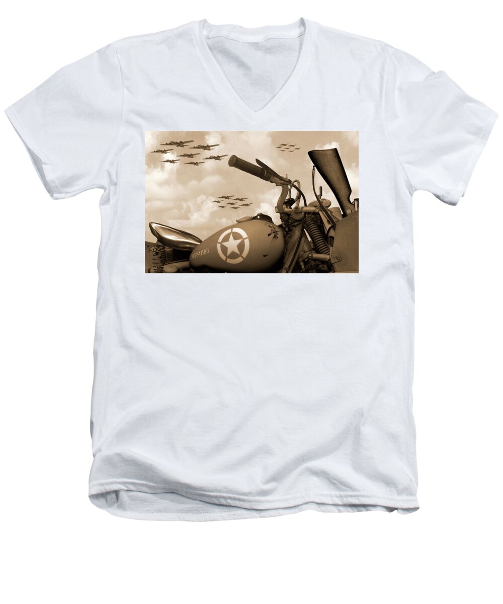 Warbirds Men's V-Neck T-Shirt featuring the photograph 1942 Indian 841 - B-17 Flying Fortress - H by Mike McGlothlen