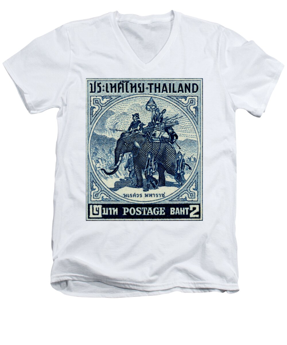 Thailand Men's V-Neck T-Shirt featuring the painting 1955 Thailand War Elephant Stamp by Historic Image
