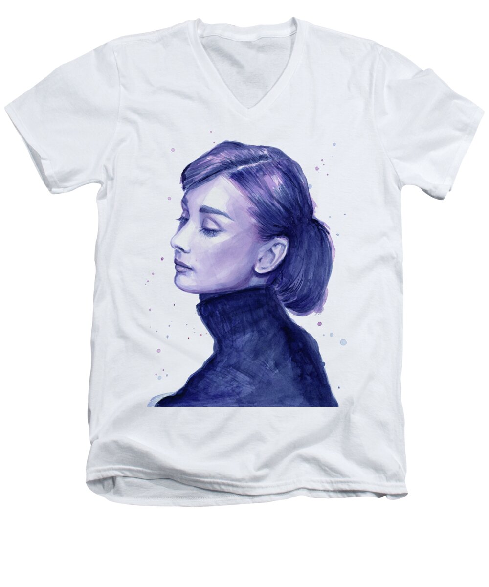 Watercolor Men's V-Neck T-Shirt featuring the painting Audrey Hepburn Portrait #3 by Olga Shvartsur