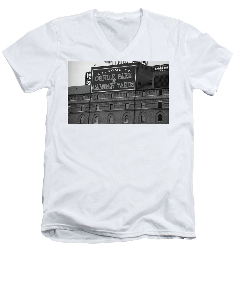 America Men's V-Neck T-Shirt featuring the photograph Baltimore Orioles Park at Camden Yards BW by Frank Romeo