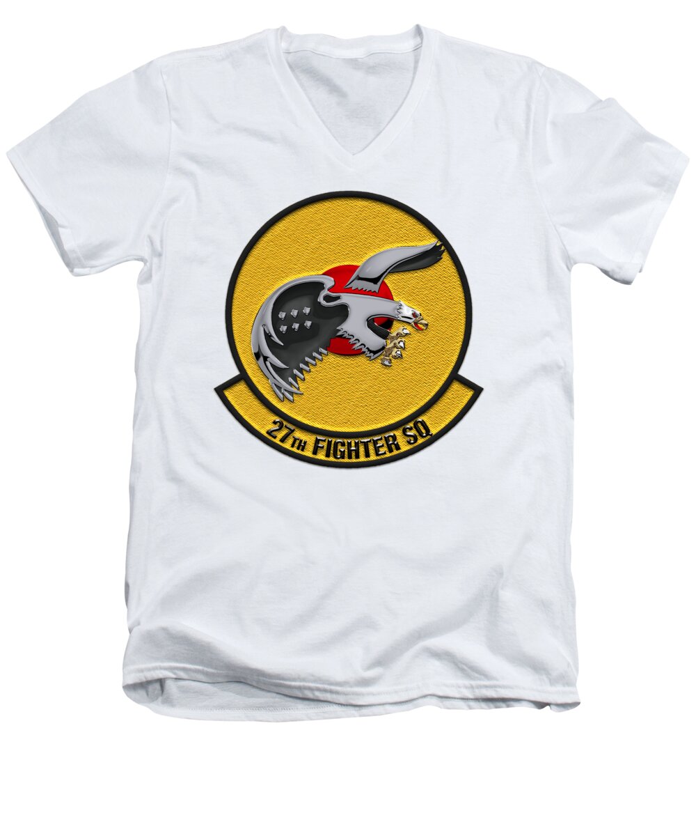 'military Insignia & Heraldry' By Serge Averbukh Men's V-Neck T-Shirt featuring the digital art 27th Fighter Squadron - 27 FS Patch over White Leather by Serge Averbukh
