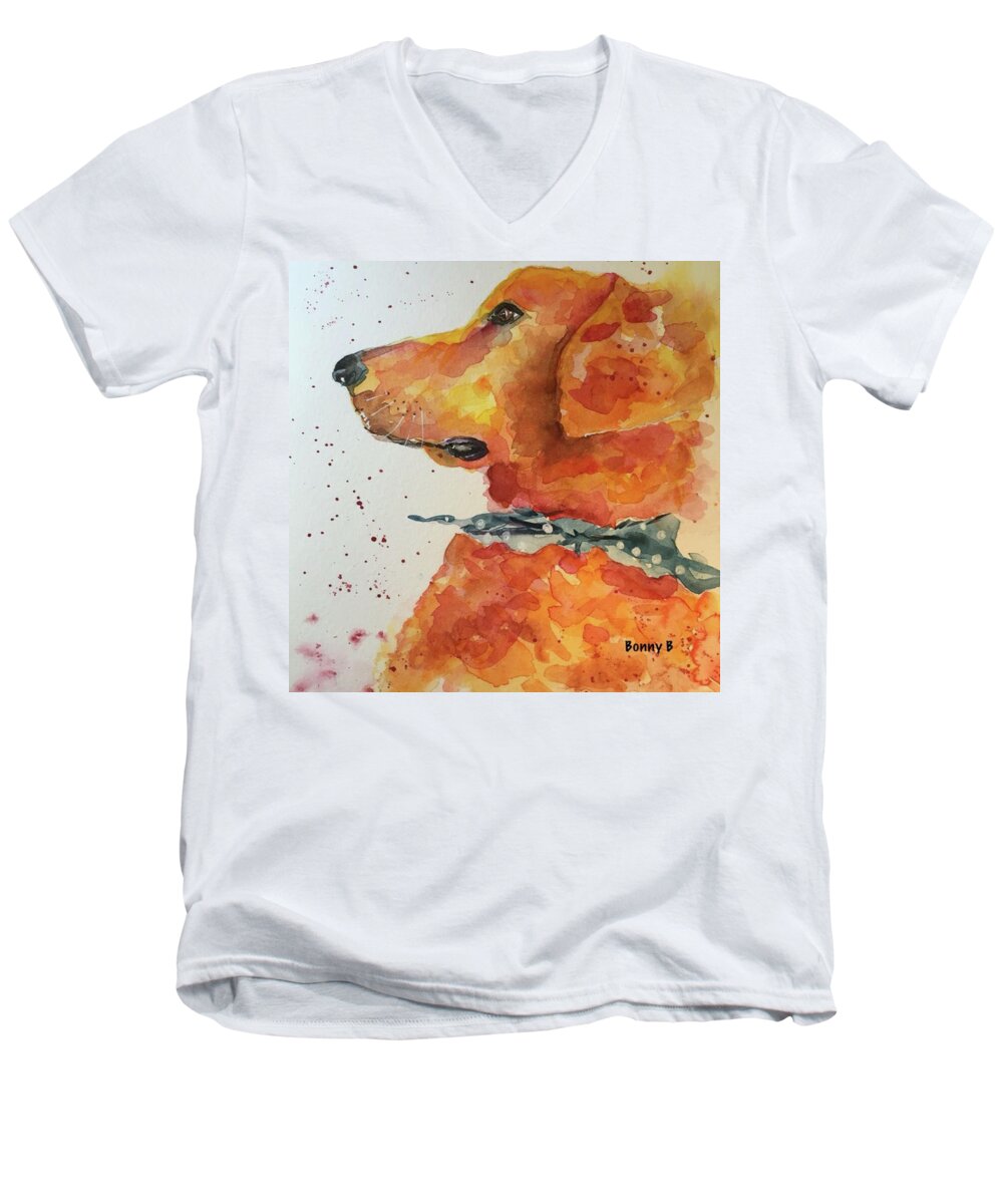 Pet Men's V-Neck T-Shirt featuring the painting Golden Retriever by Bonny Butler