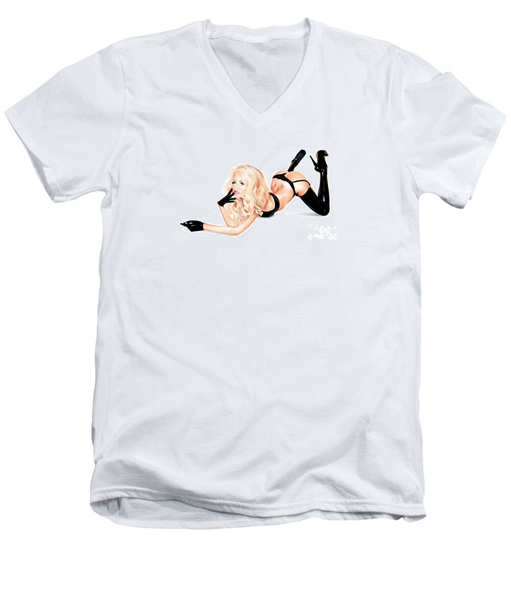 Pin-up Men's V-Neck T-Shirt featuring the digital art Pin-up bottoms up by Brian Gibbs