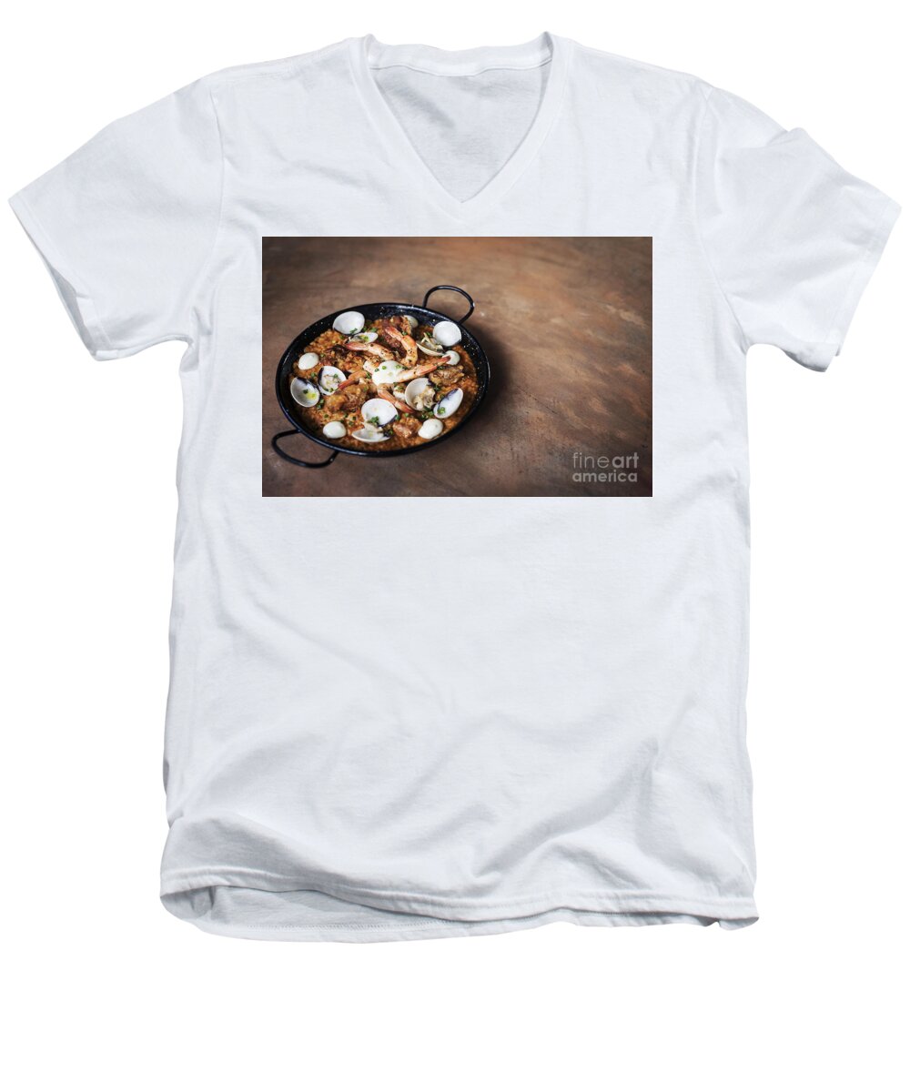 Cuisine Men's V-Neck T-Shirt featuring the photograph Seafood And Rice Paella Traditional Spanish Food #4 by JM Travel Photography