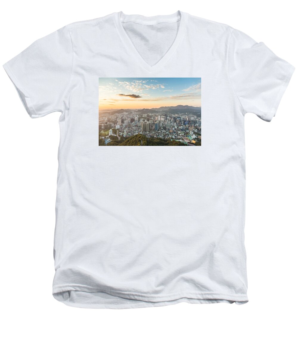Aerial Men's V-Neck T-Shirt featuring the photograph Sunset over Seoul #5 by Didier Marti