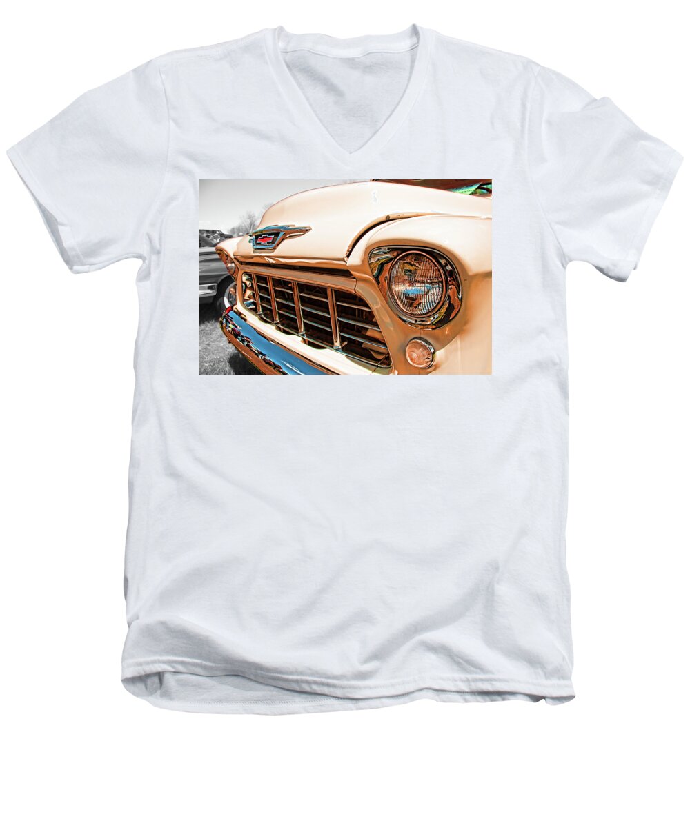 1955 Men's V-Neck T-Shirt featuring the photograph '55 Chevy 3100 #55 by Daniel Adams