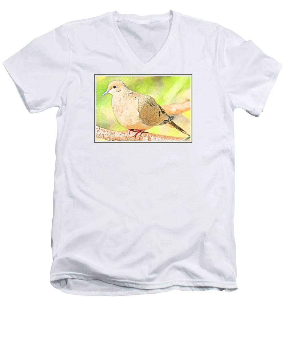 Mourning Dove Men's V-Neck T-Shirt featuring the digital art Mourning Dove Animal Portrait #6 by A Macarthur Gurmankin