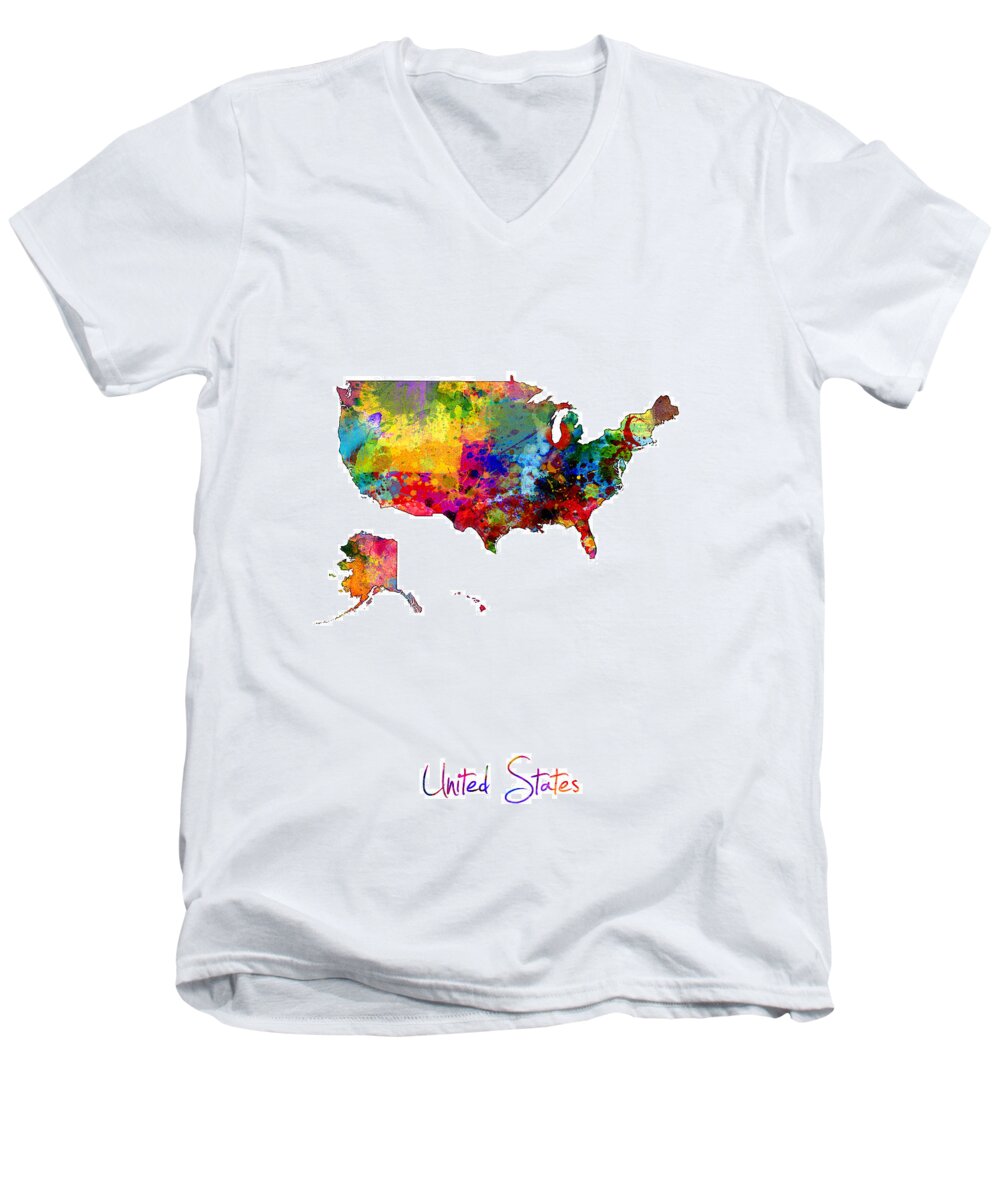 United States Map Men's V-Neck T-Shirt featuring the digital art United States Watercolor Map #6 by Michael Tompsett