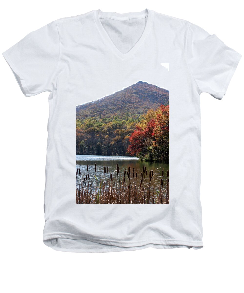Lake Men's V-Neck T-Shirt featuring the photograph View of Abbott Lake and Sharp Top in autumn #7 by Emanuel Tanjala