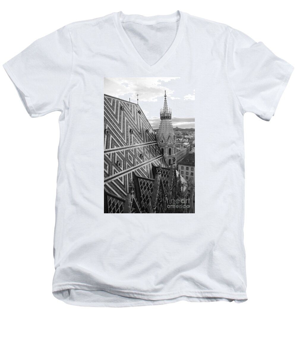 Architecture Men's V-Neck T-Shirt featuring the photograph St Stephens Cathedral Vienna in Black and White #1 by Angela Rath