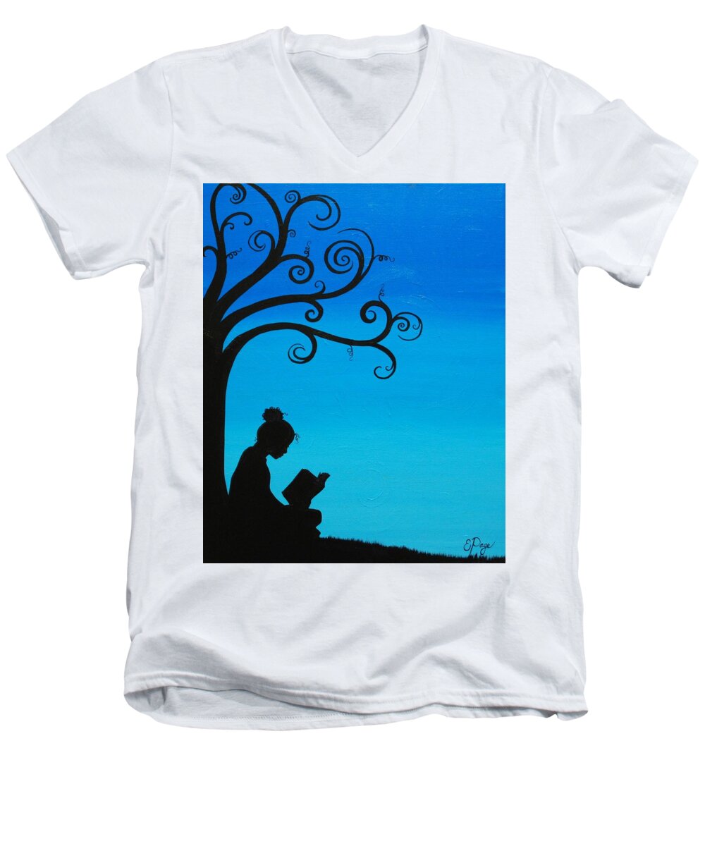Girl Reading Under Tree Men's V-Neck T-Shirt featuring the painting A Girl and Her Book by Emily Page