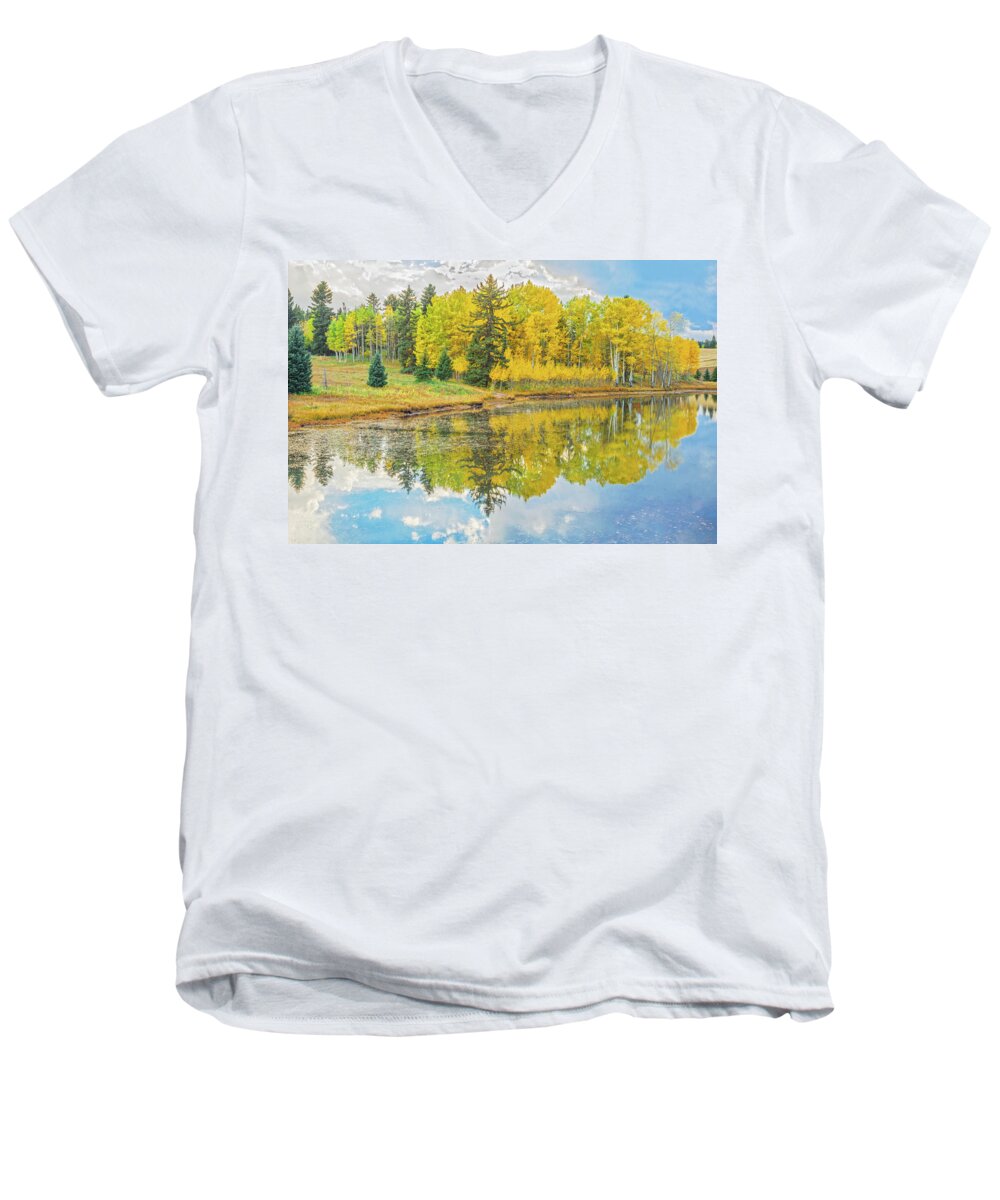 Fall Colors Men's V-Neck T-Shirt featuring the photograph A Lakeside Willowwacks by Bijan Pirnia