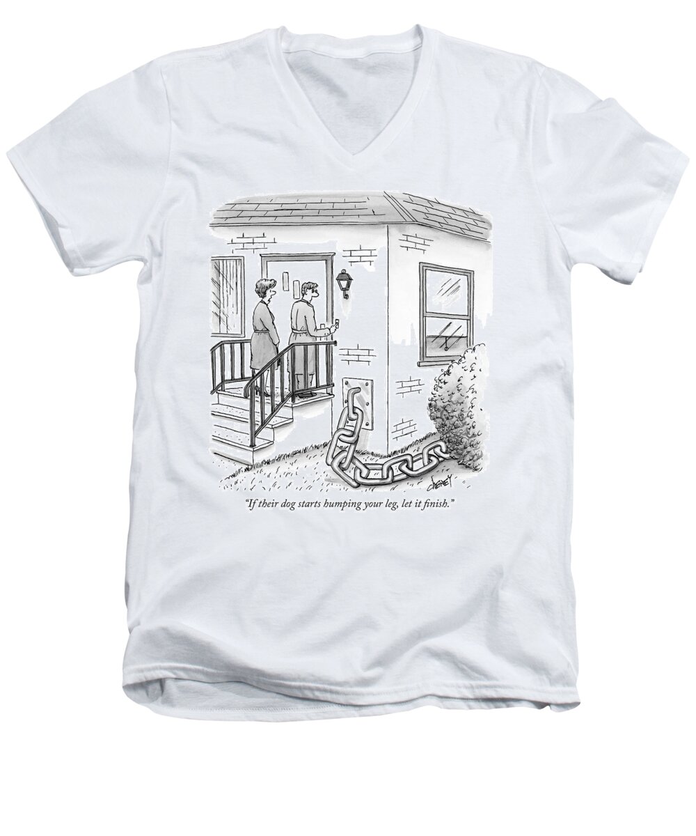 if Their Dog Starts Humping Your Leg Men's V-Neck T-Shirt featuring the drawing A Man And Woman Ring The Bell Of A House by Tom Cheney