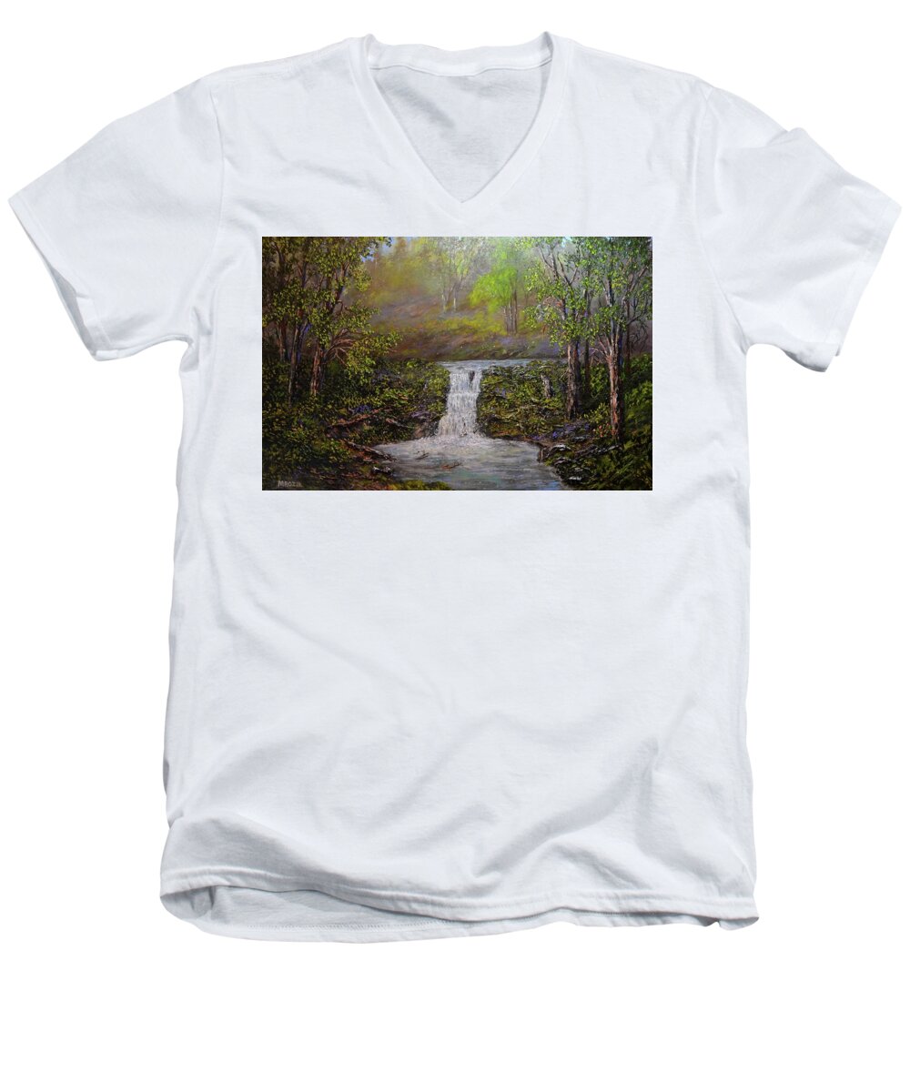 Landscape Men's V-Neck T-Shirt featuring the painting Peace on Earth by Michael Mrozik