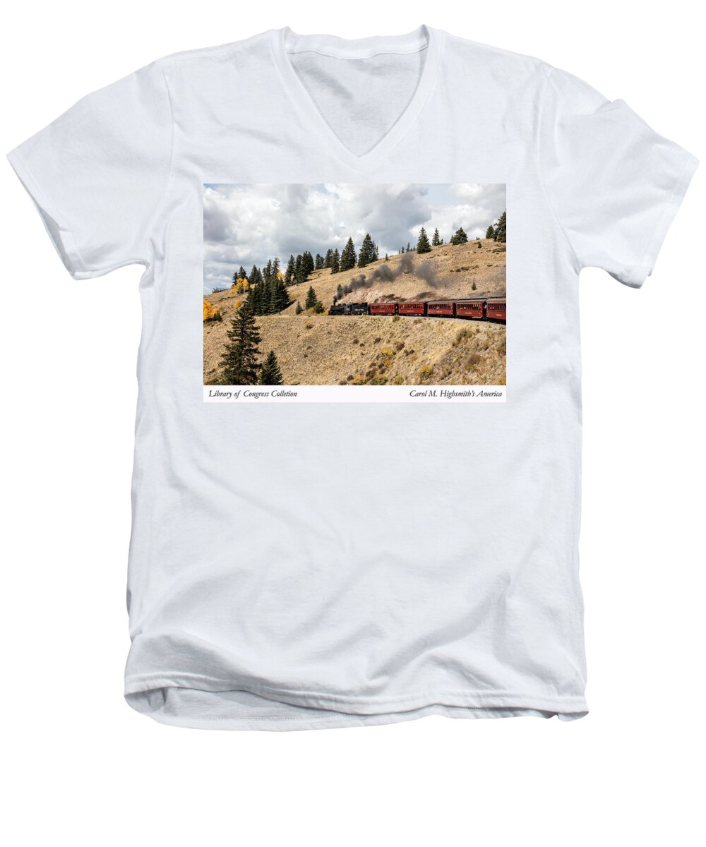 Carol M. Highsmith Men's V-Neck T-Shirt featuring the photograph A Scenic Railroad steam train, near Antonito in Conejos County in Colorado by Carol M Highsmith
