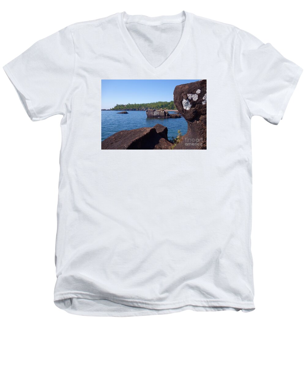 Rugged Rocky Shoreline Men's V-Neck T-Shirt featuring the photograph A Superior View by Sandra Updyke