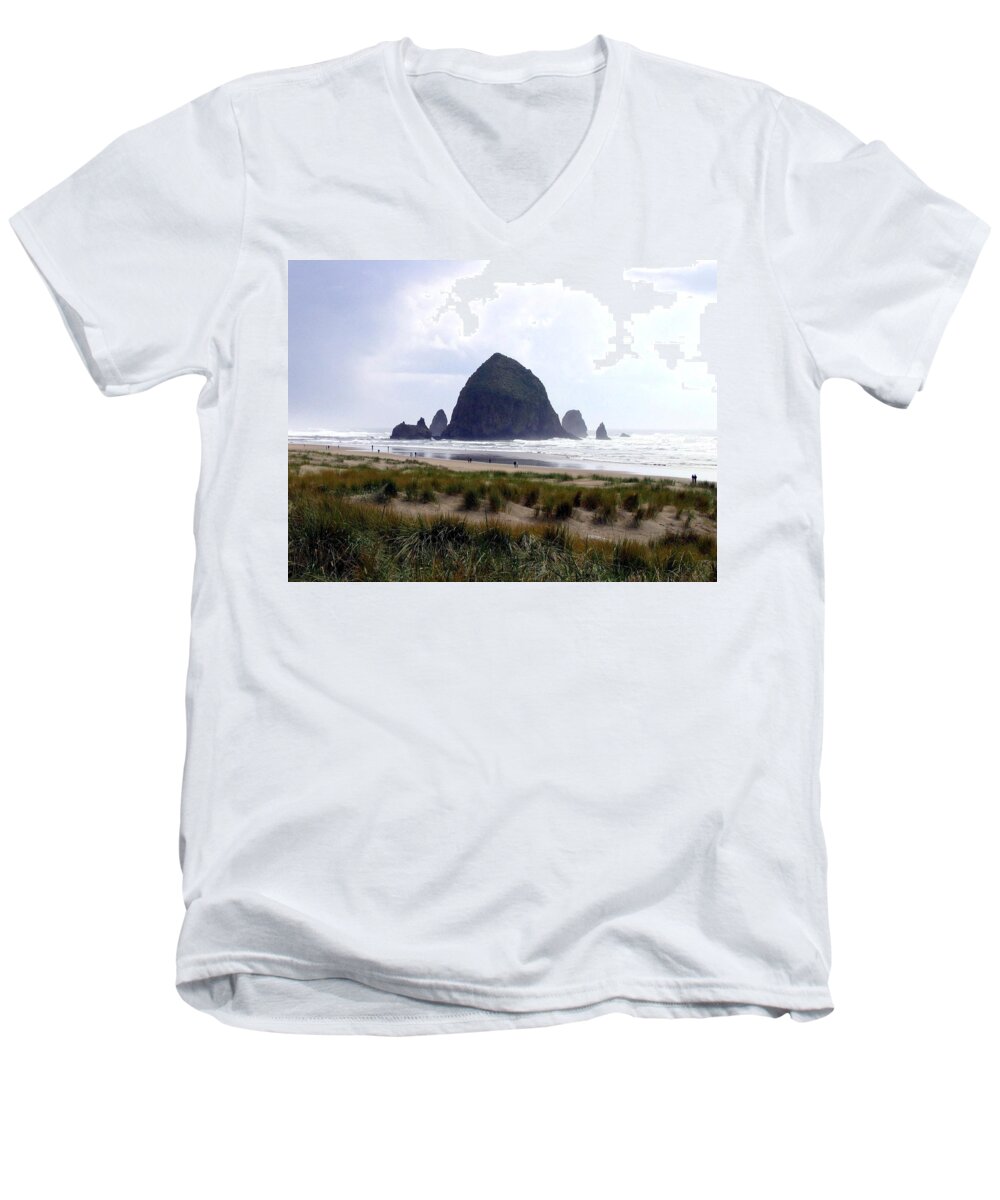 Cannon Beach Men's V-Neck T-Shirt featuring the photograph A Walk In The Mist by Will Borden