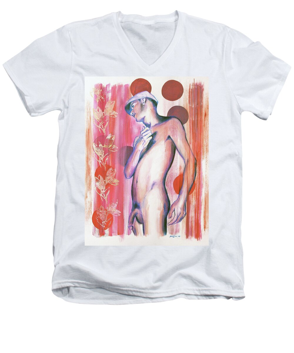Male Youth Men's V-Neck T-Shirt featuring the painting Dangerous Boys and Attraction by Rene Capone