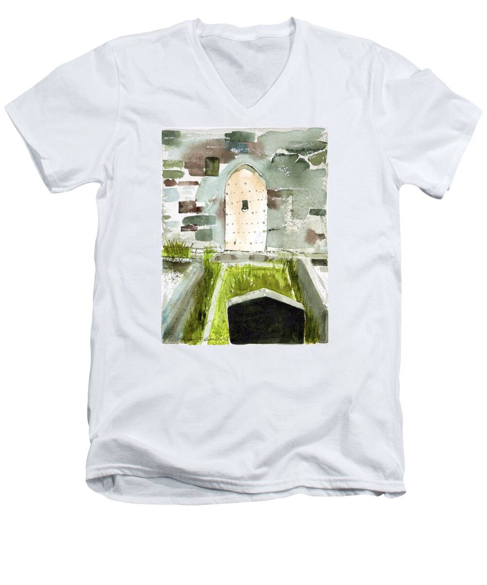 Abbey Men's V-Neck T-Shirt featuring the painting Abbey Door by Kathleen Barnes