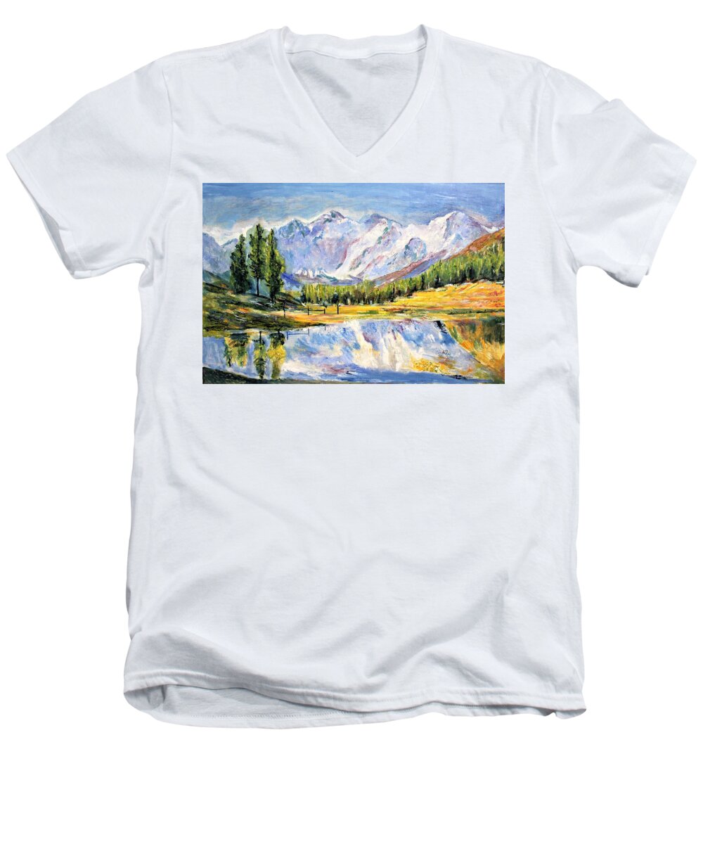 Landscape Men's V-Neck T-Shirt featuring the painting Above the sea level by Khalid Saeed