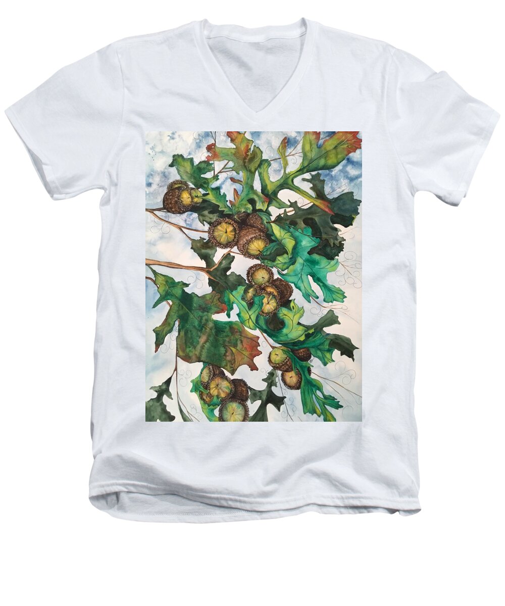 Watercolor Men's V-Neck T-Shirt featuring the mixed media Acorns on an Oak by Mastiff Studios