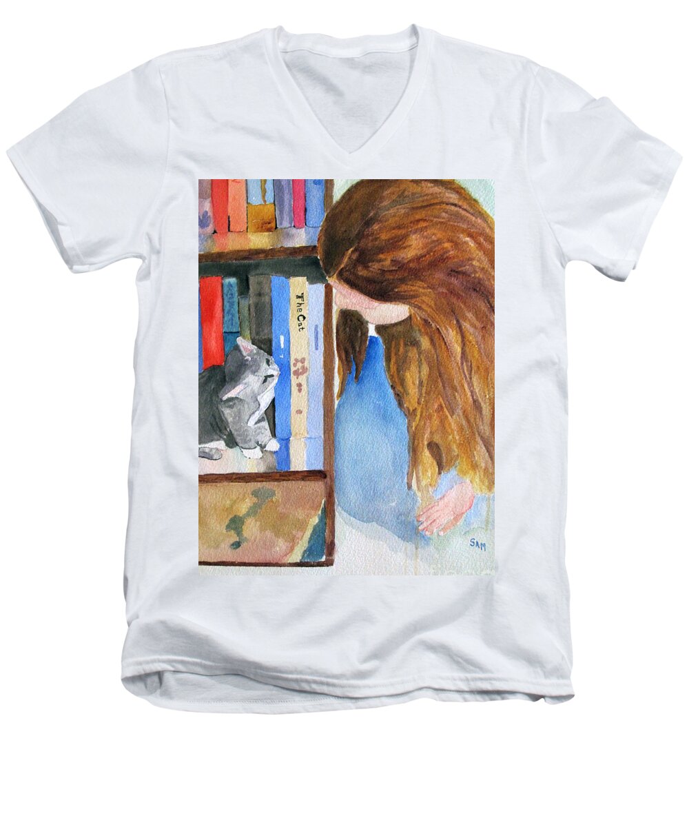 Kitten Men's V-Neck T-Shirt featuring the painting Adorable by Sandy McIntire