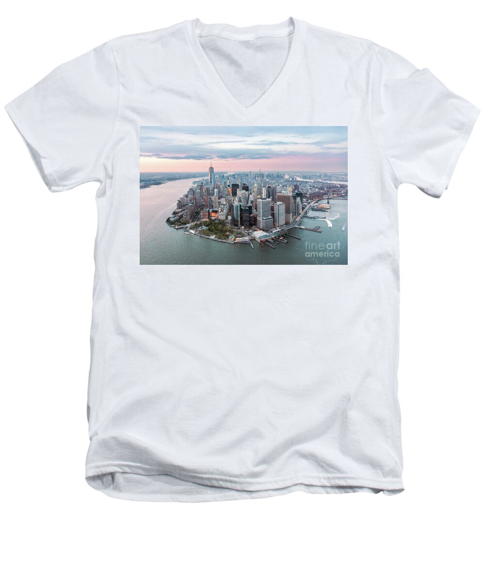 New York City Men's V-Neck T-Shirt featuring the photograph Aerial of lower Manhattan peninsula at sunset, New York, USA by Matteo Colombo