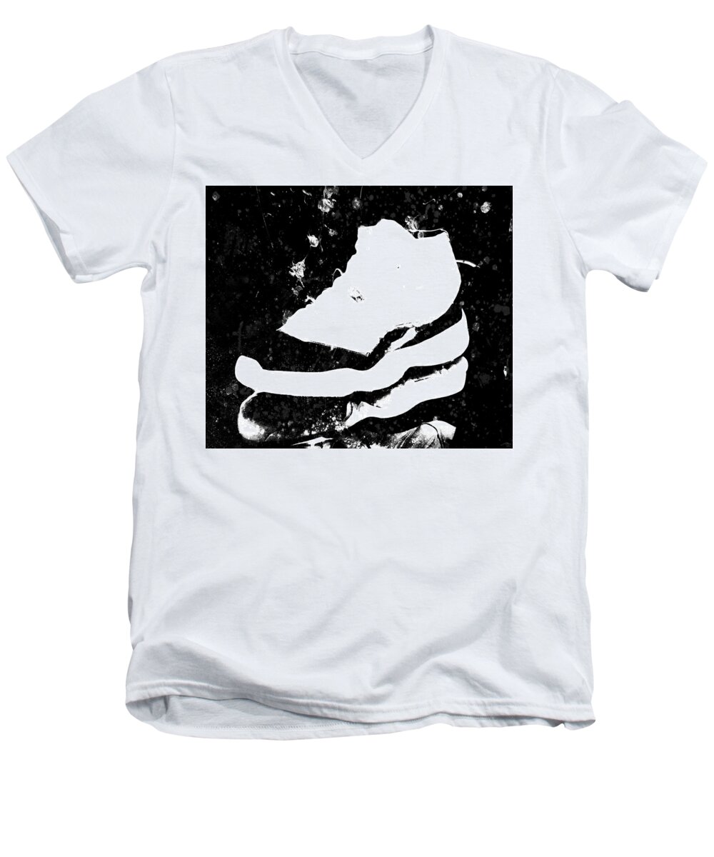 Air Jordan Men's V-Neck T-Shirt featuring the mixed media Air Jordan Shoe splatter by Brian Reaves