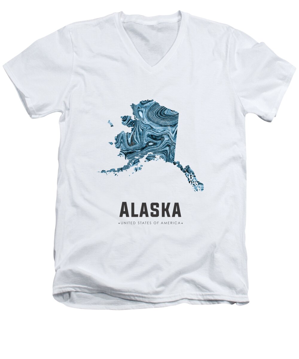Alaska Men's V-Neck T-Shirt featuring the mixed media Alaska Map Art Abstract in Blue by Studio Grafiikka