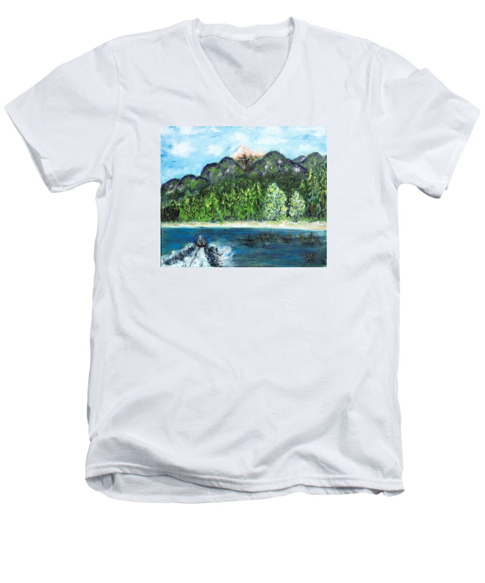 Montana Men's V-Neck T-Shirt featuring the painting Alice Tubing on Hungry Horse Reservoir by Lucille Valentino