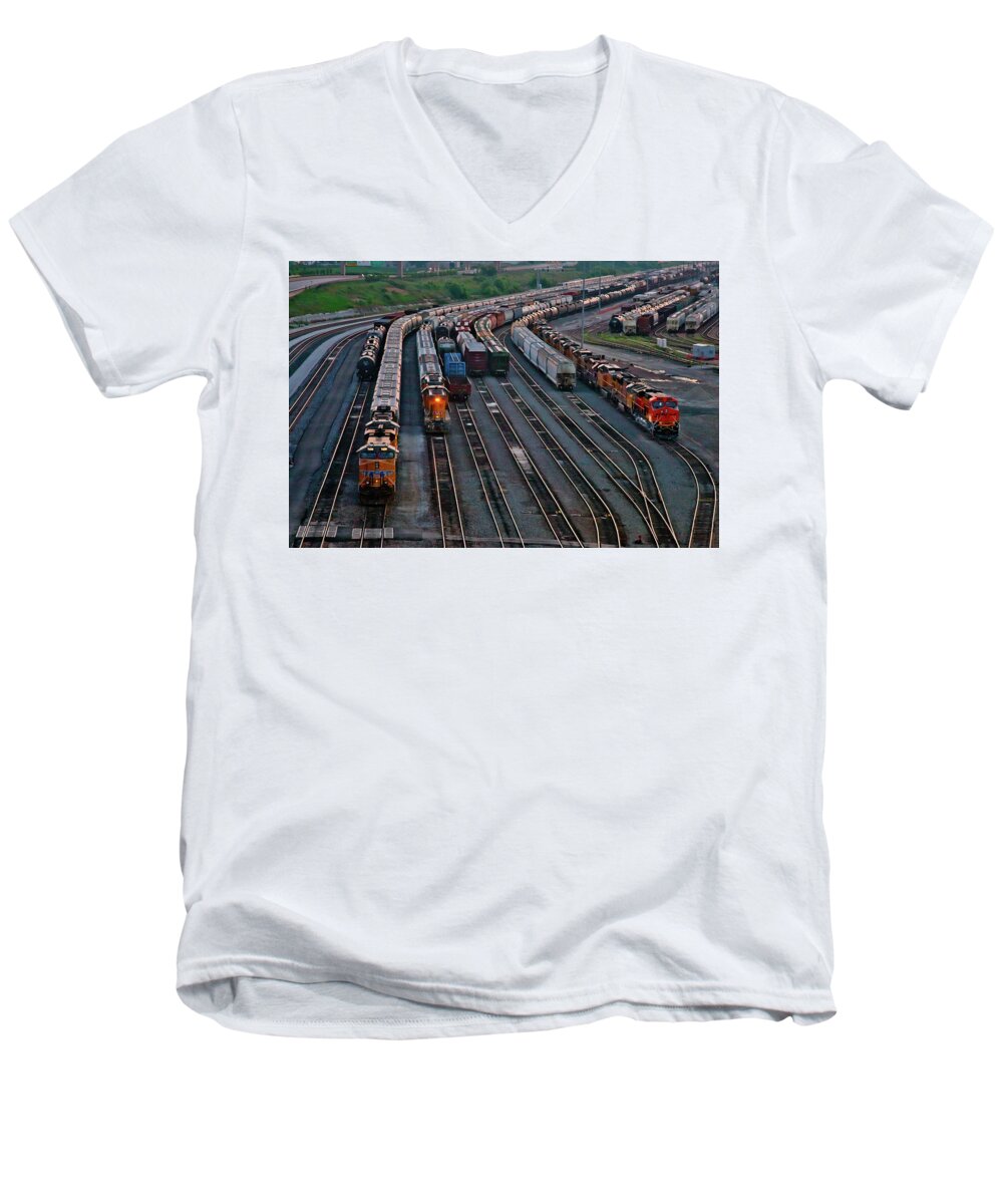 Railyard Men's V-Neck T-Shirt featuring the digital art All Rails Lead Out Of Town by Linda Unger