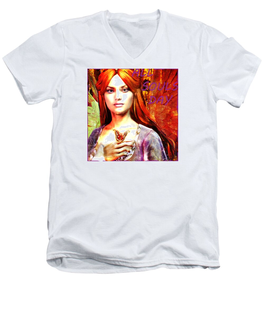 Angel Men's V-Neck T-Shirt featuring the painting All Souls Day Angel by Suzanne Silvir