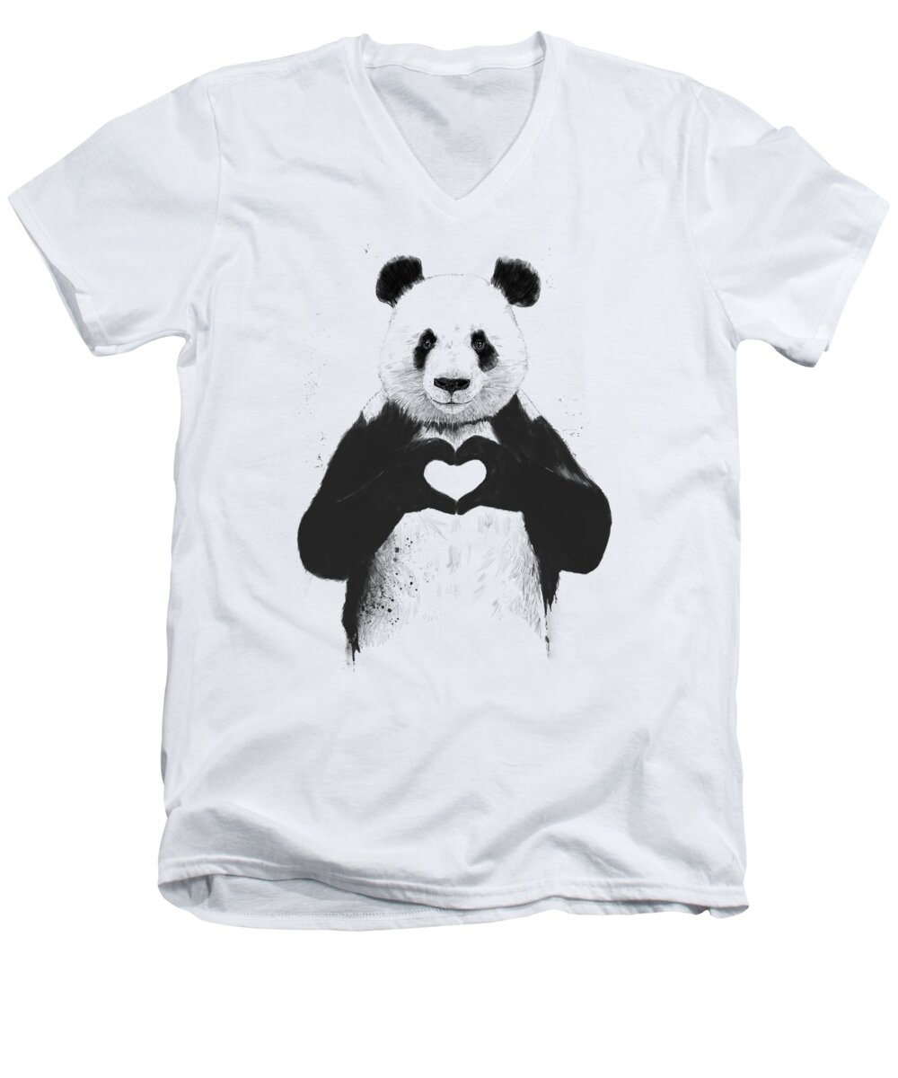 Panda Men's V-Neck T-Shirt featuring the painting All you need is love by Balazs Solti