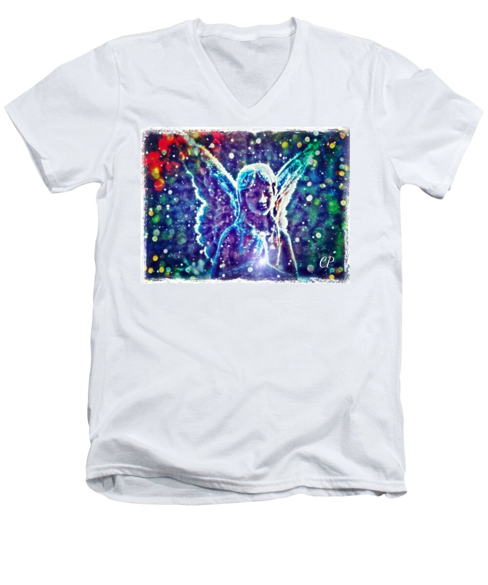  Men's V-Neck T-Shirt featuring the mixed media Angel in the Snow by Christine Paris