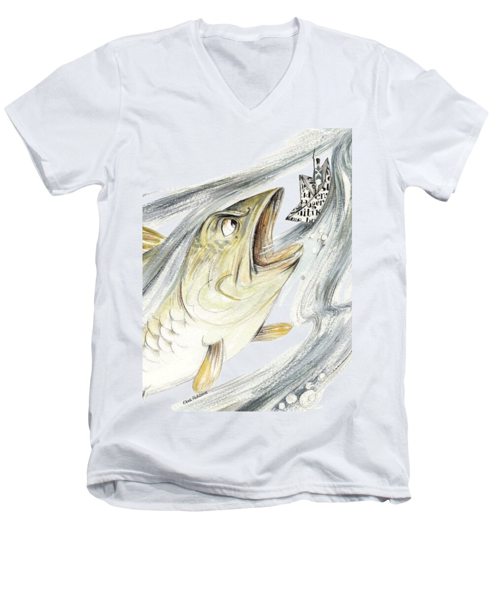 Fish Men's V-Neck T-Shirt featuring the painting Angry Fish Ready to Swallow Tin Soldier's Paper Boat - Horizontal - Fairy Tale Illustration Fragment by Elena Abdulaeva
