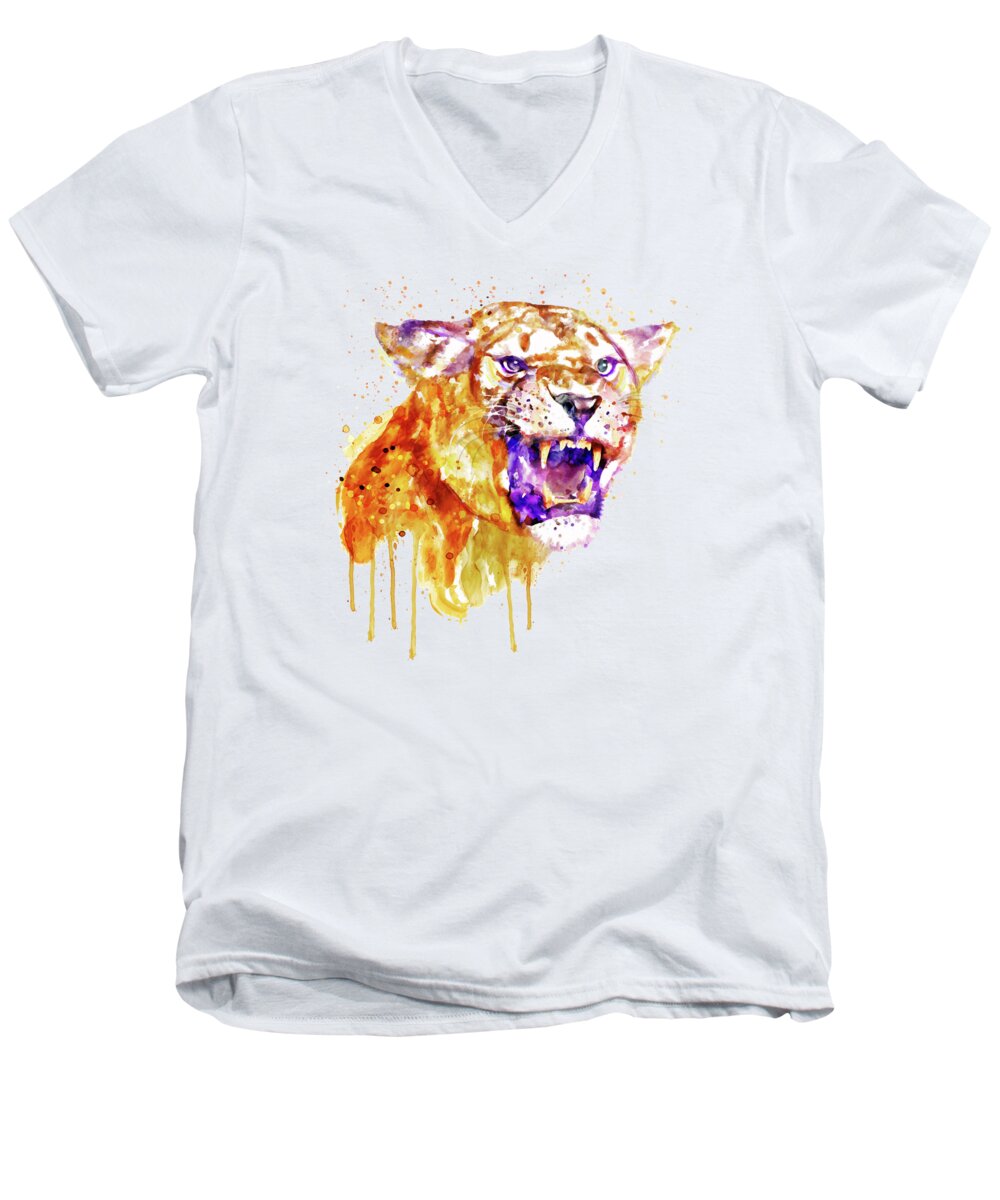 Marian Voicu Men's V-Neck T-Shirt featuring the painting Angry Lioness by Marian Voicu