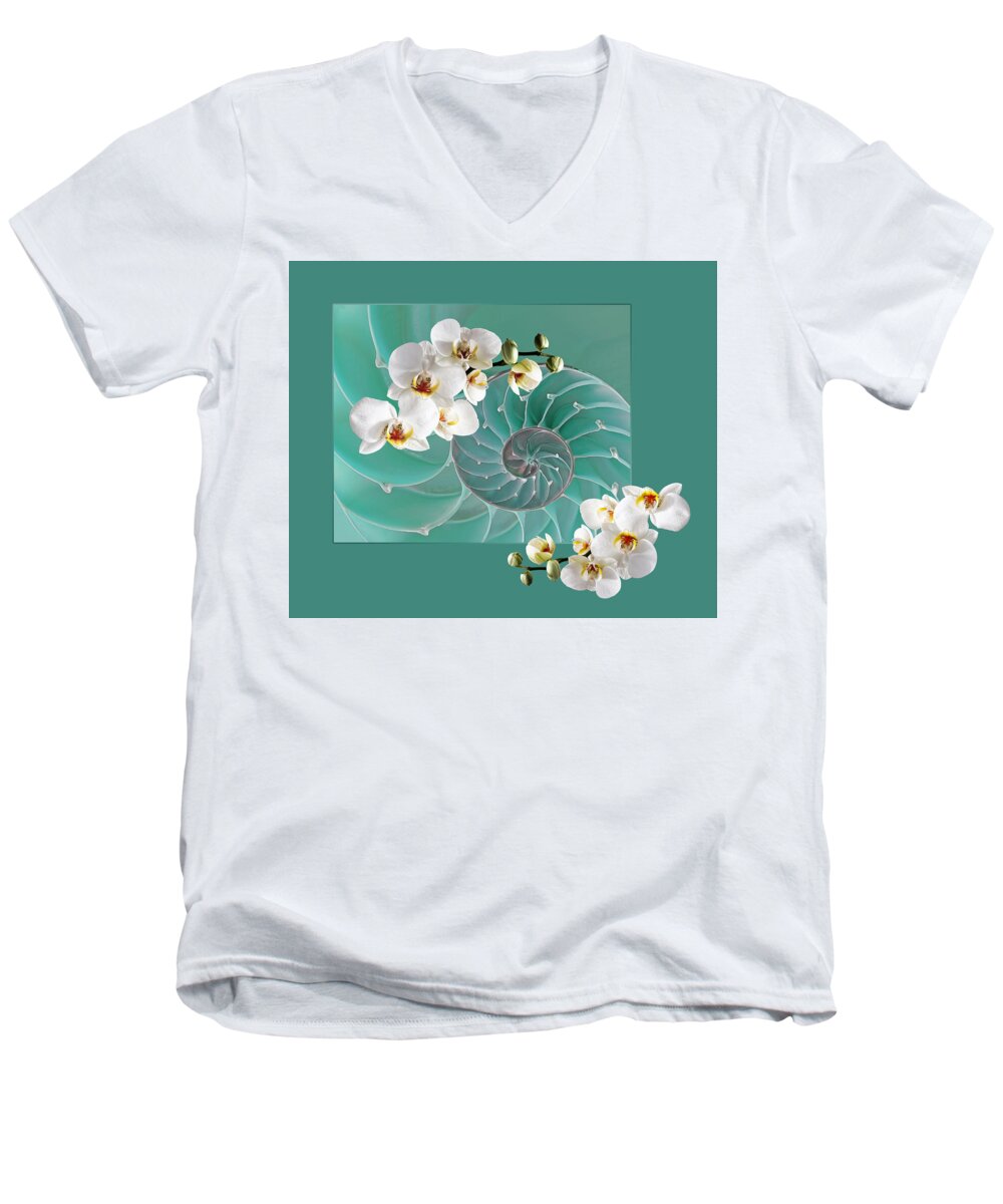 Nautilus Seashell Men's V-Neck T-Shirt featuring the photograph White Orchids on Teal Blue - Aqua Fusion by Gill Billington