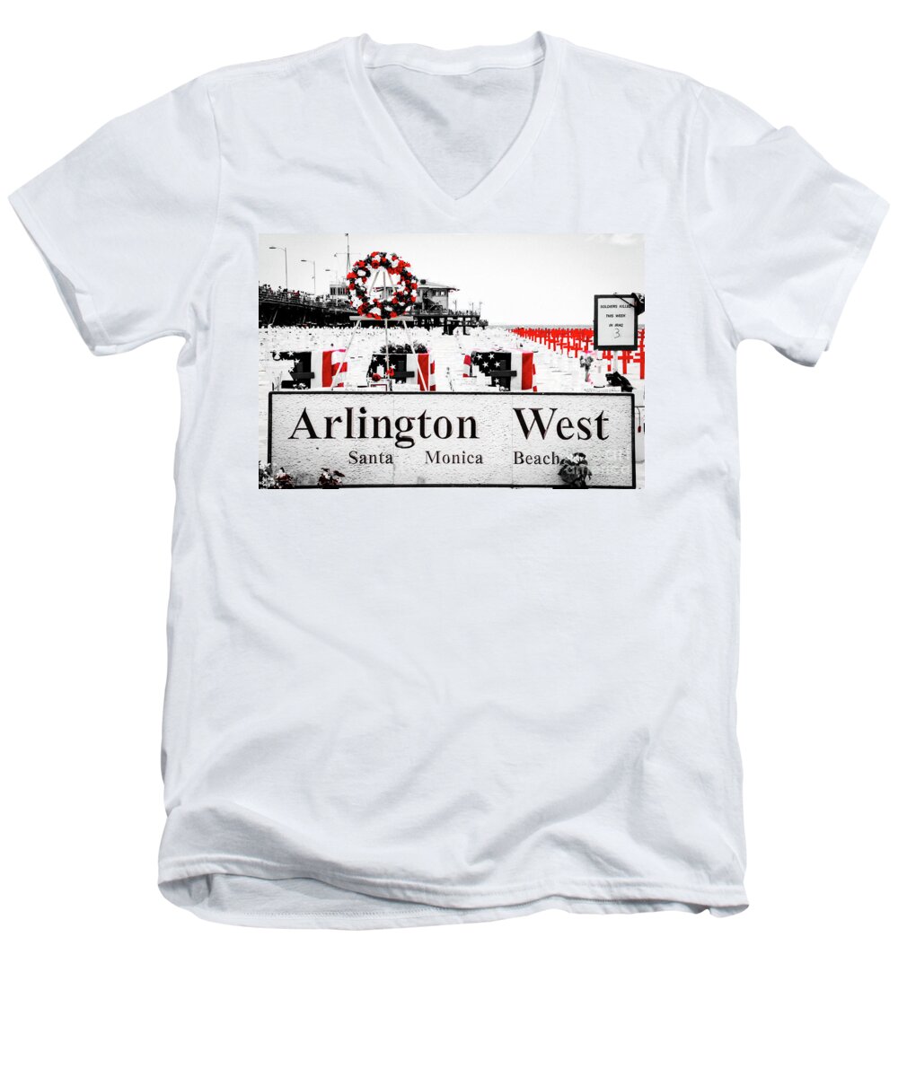 American Flag Men's V-Neck T-Shirt featuring the photograph Arlington West Santa Monica Beach by Julian Starks