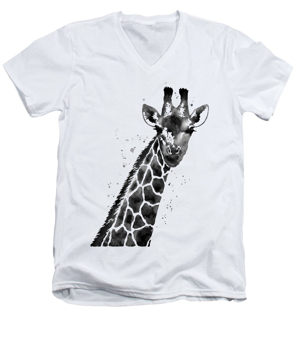 Giraffe Men's V-Neck T-Shirt featuring the painting Giraffe in Black and White by Hailey E Herrera