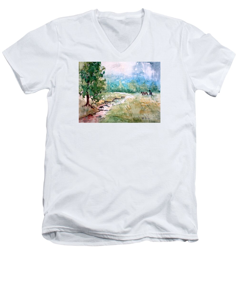 Creek Men's V-Neck T-Shirt featuring the painting Aska Farm Creek by Gretchen Allen