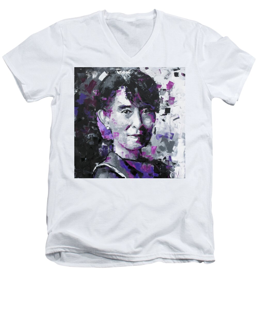 Aung San Suu Kyi Men's V-Neck T-Shirt featuring the painting Aung San Suu Kyi by Richard Day