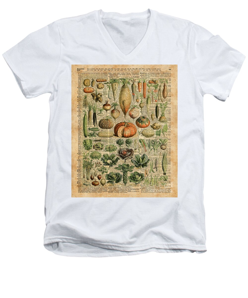 Kitchen Men's V-Neck T-Shirt featuring the digital art Autumn Fall Vegetables Kiche Harvest Thanksgiving Dictionary Art Vintage Cottage Chic by Anna W