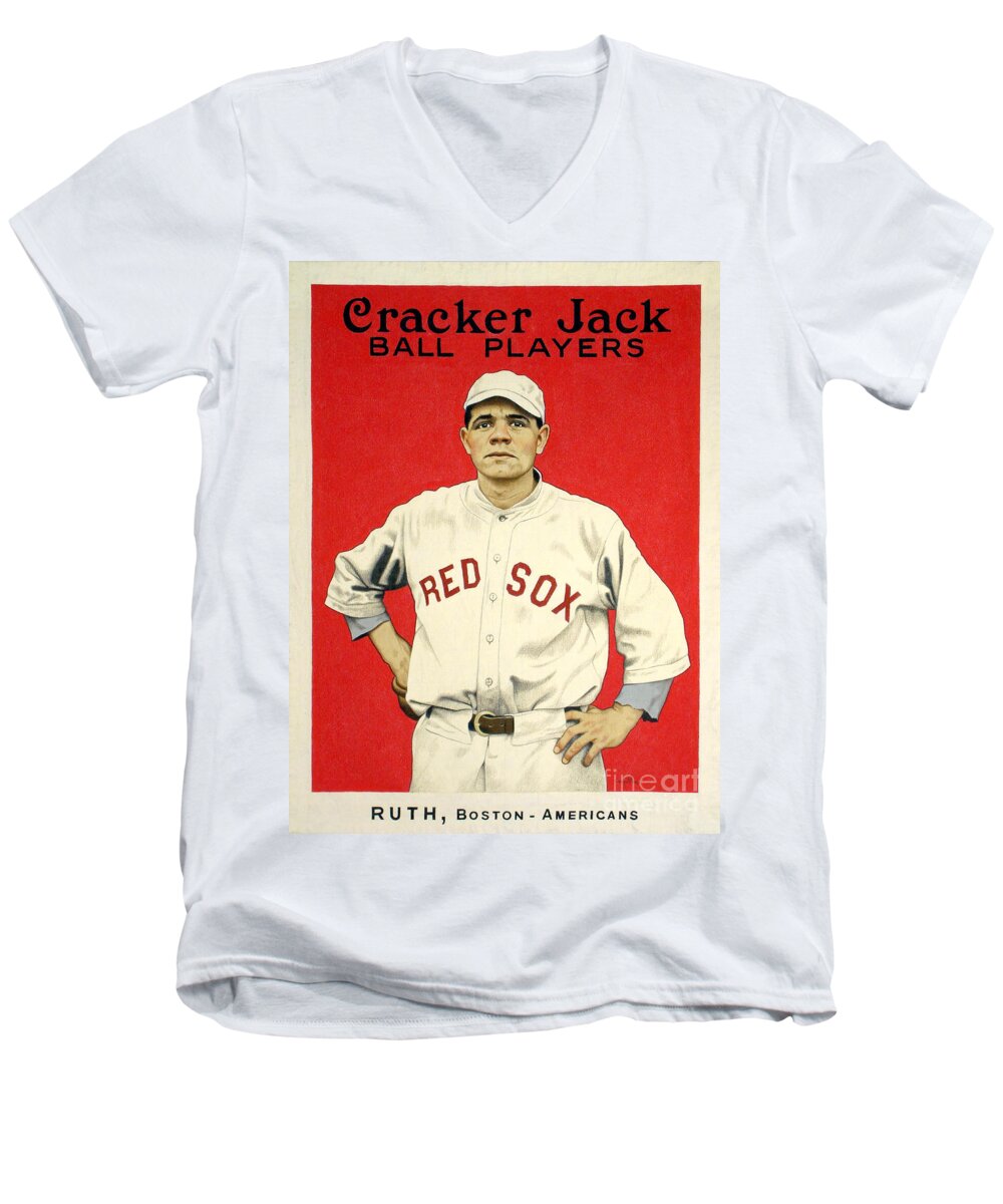 Babe Ruth Men's V-Neck T-Shirt featuring the photograph Babe Ruth Cracker Jack Card by Jon Neidert