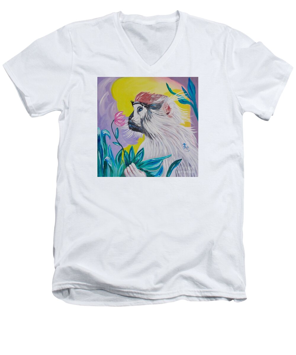 Baby Patas Monkey Men's V-Neck T-Shirt featuring the painting Baby Patas Monkey and His Flower by Phyllis Kaltenbach