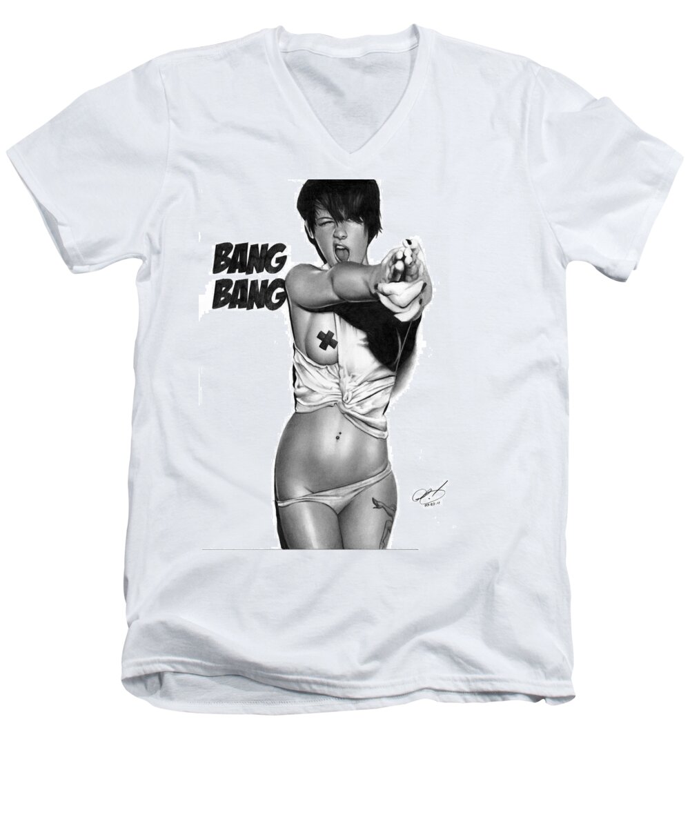 Pete Men's V-Neck T-Shirt featuring the drawing Bang Bang by Pete Tapang
