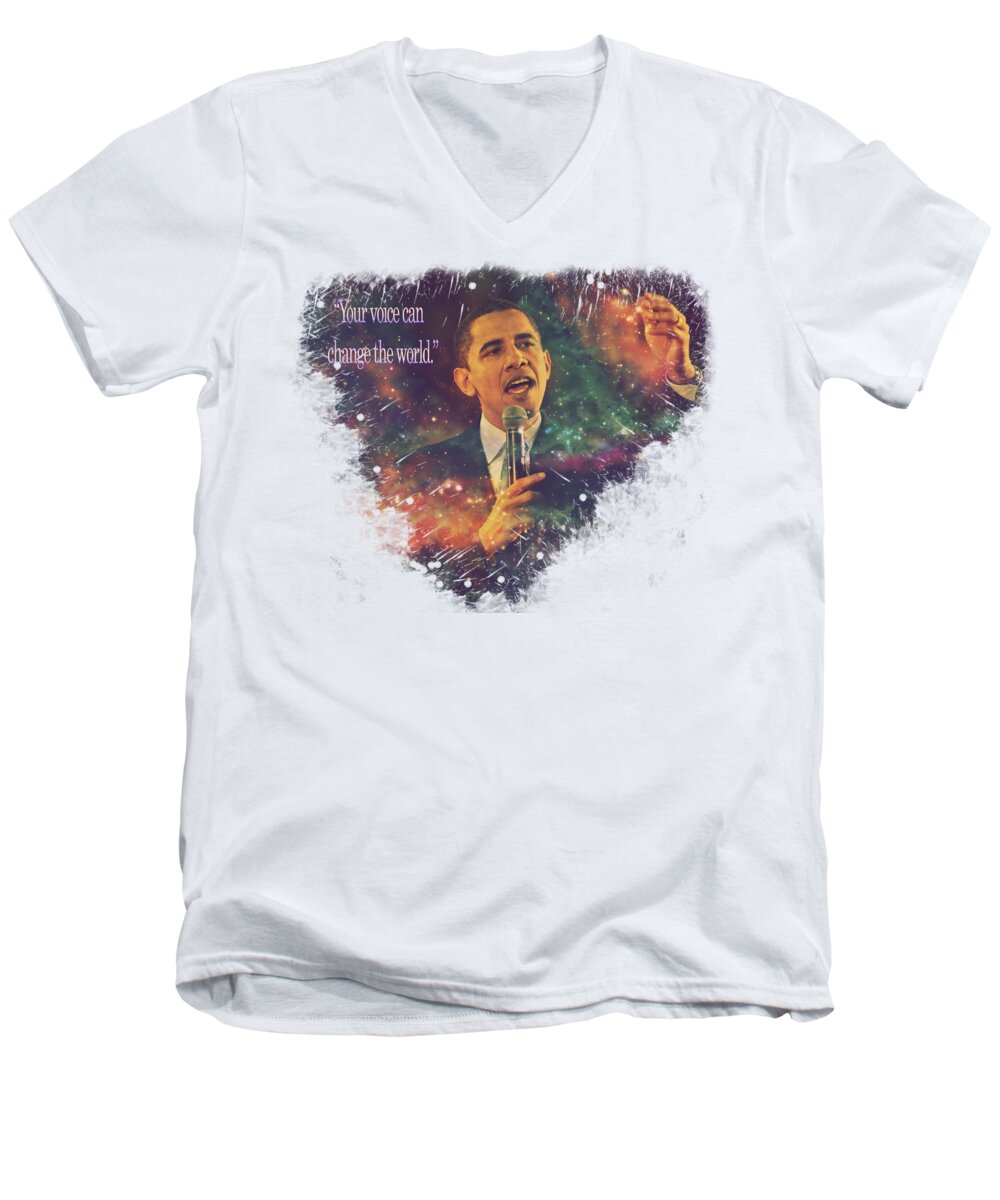 President Barack Obama Men's V-Neck T-Shirt featuring the painting Barack Obama Quote Digital Cosmic Artwork by Georgeta Blanaru