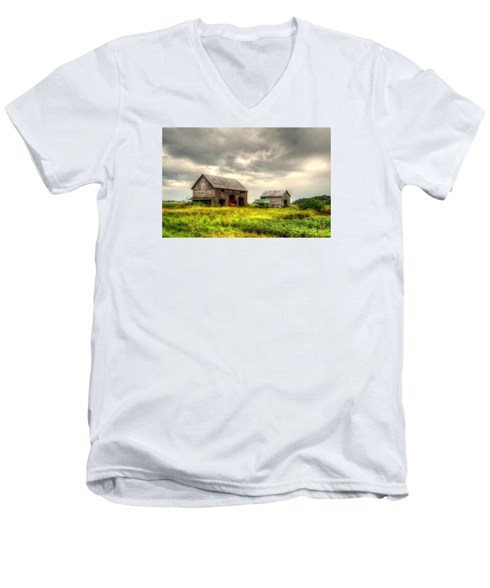 Grass Men's V-Neck T-Shirt featuring the photograph Barn and sky by Jeffrey Platt
