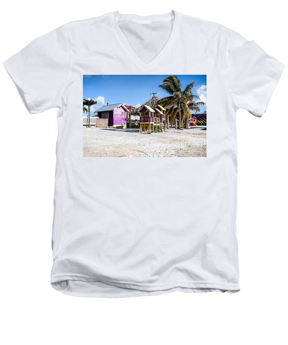 Ambergris Caye Men's V-Neck T-Shirt featuring the photograph Beach Huts by Lawrence Burry
