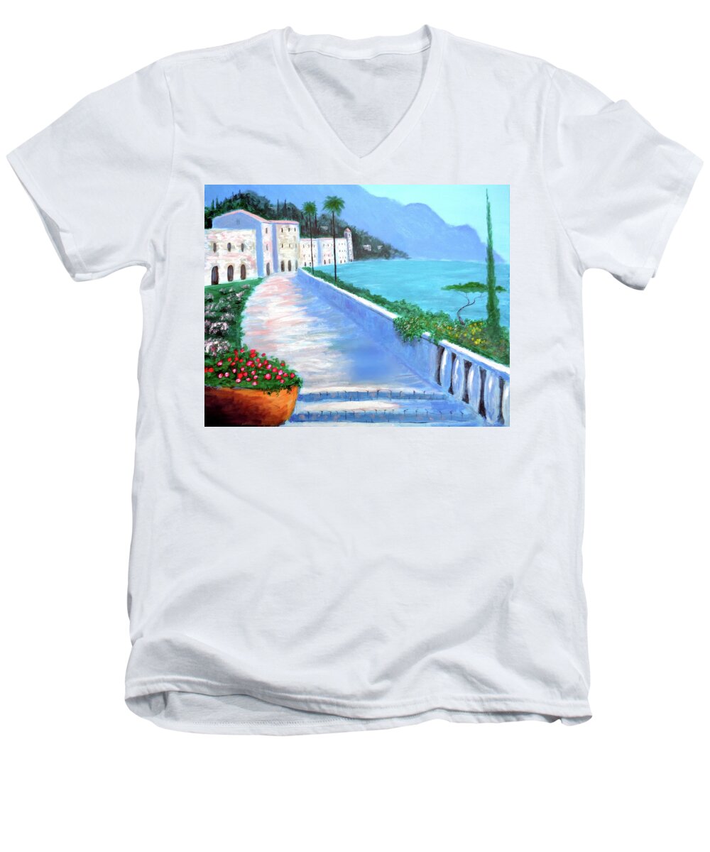 Beauty Of The Riviera Men's V-Neck T-Shirt featuring the painting Beauty Of The Riviera by Larry Cirigliano